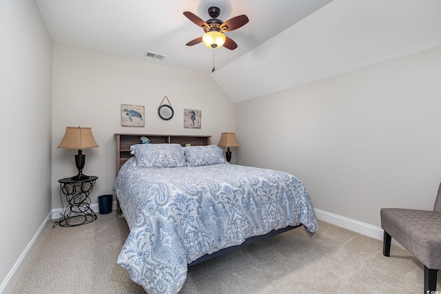 carpeted bedroom featuring ceiling fan and lofted ceiling