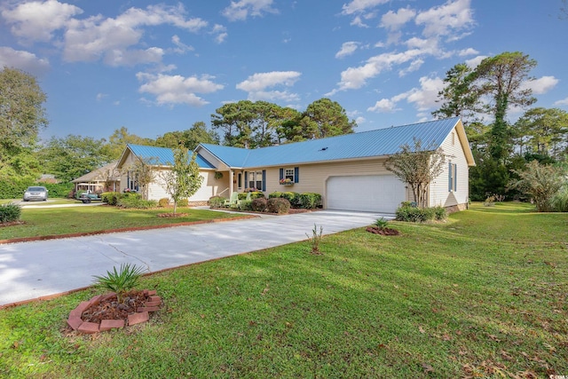 single story home with a garage and a front yard