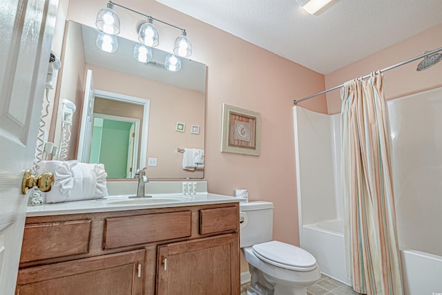 full bathroom with shower / tub combo, vanity, a textured ceiling, tile patterned floors, and toilet