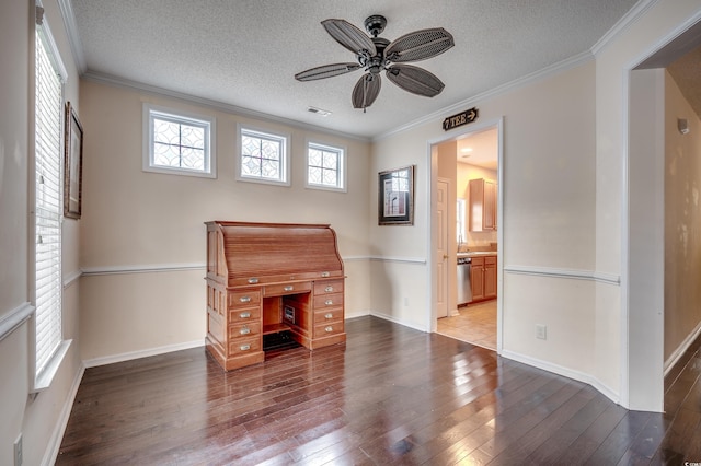 interior space with hardwood / wood-style flooring, a textured ceiling, and ornamental molding