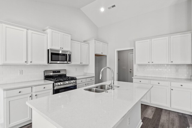 kitchen with stainless steel appliances, white cabinetry, sink, and a center island with sink