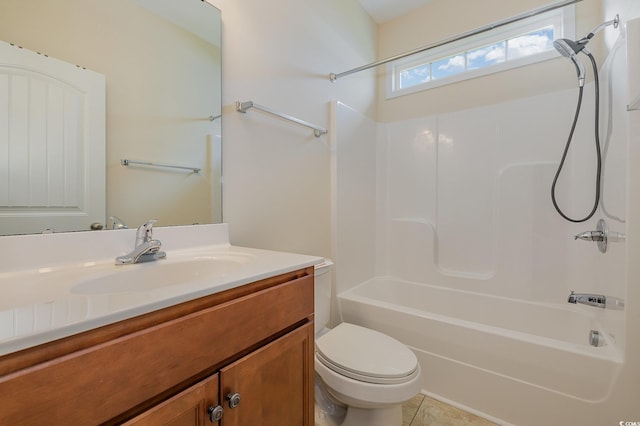 full bathroom featuring tile patterned floors, shower / tub combination, vanity, and toilet