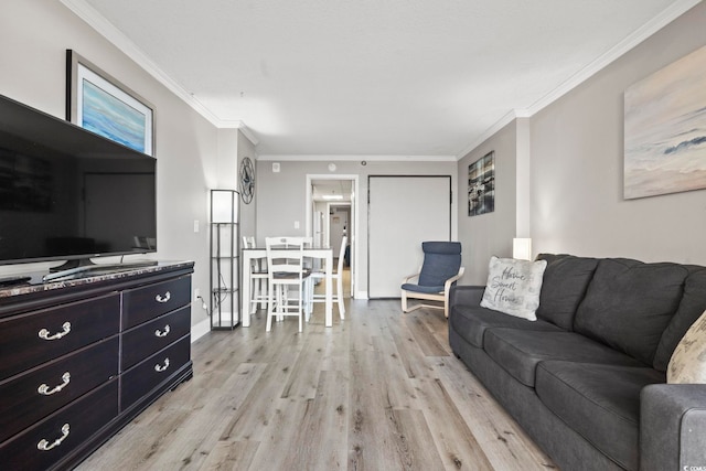 living room with ornamental molding and light hardwood / wood-style flooring