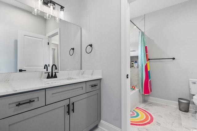 bathroom featuring vanity, baseboards, toilet, marble finish floor, and shower / tub combo with curtain