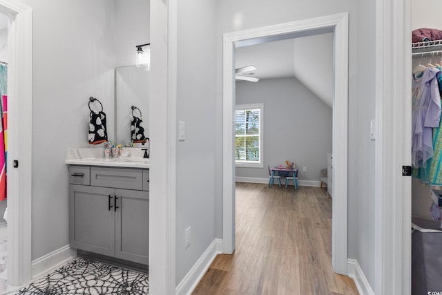 bathroom featuring vanity, a walk in closet, baseboards, and wood finished floors