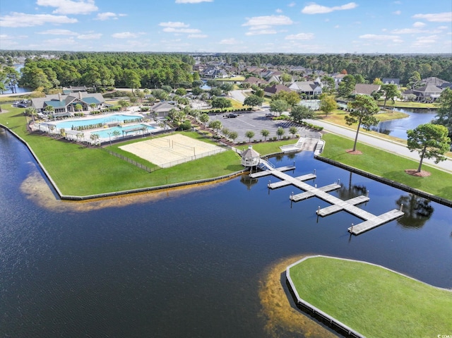 bird's eye view with a water view