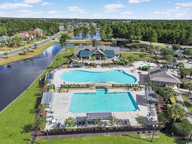 drone / aerial view with a water view