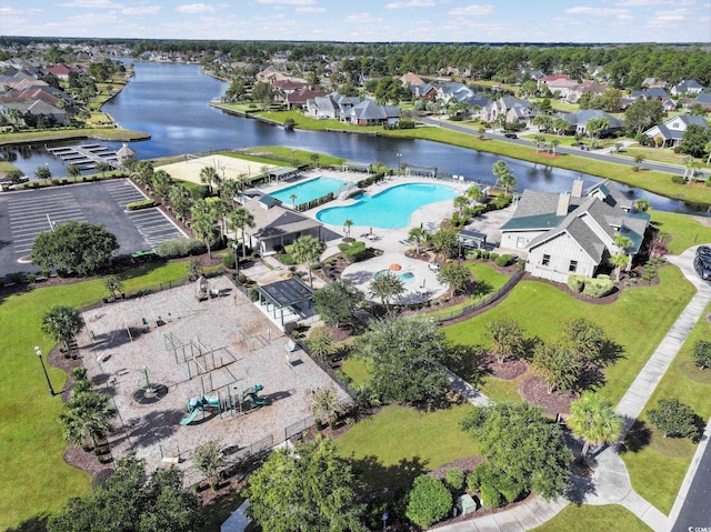 drone / aerial view featuring a water view