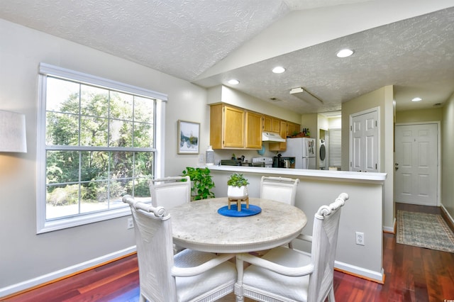 dining space with a textured ceiling, lofted ceiling, and dark hardwood / wood-style floors