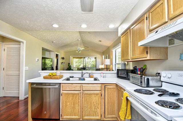 kitchen featuring dark hardwood / wood-style flooring, white range with electric cooktop, lofted ceiling, kitchen peninsula, and stainless steel dishwasher