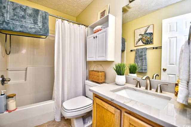 full bathroom featuring toilet, tile patterned flooring, a textured ceiling, vanity, and shower / tub combo with curtain