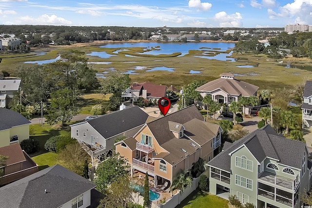 drone / aerial view featuring a water view