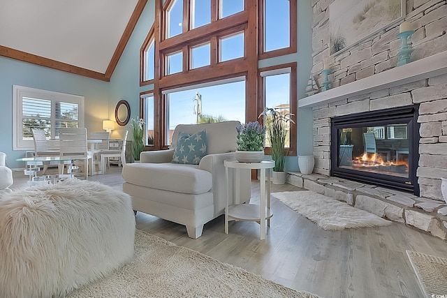 living room featuring a stone fireplace, high vaulted ceiling, and light hardwood / wood-style flooring