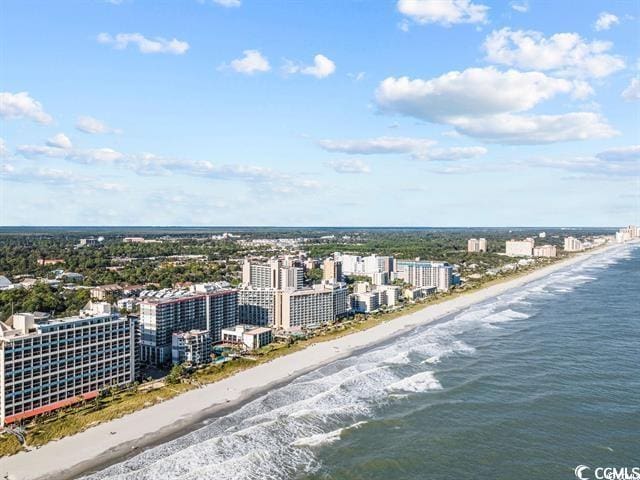 bird's eye view with a view of the beach and a water view