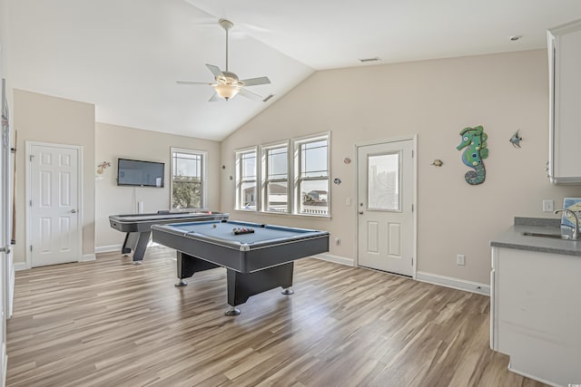 game room with billiards, lofted ceiling, sink, ceiling fan, and light wood-type flooring