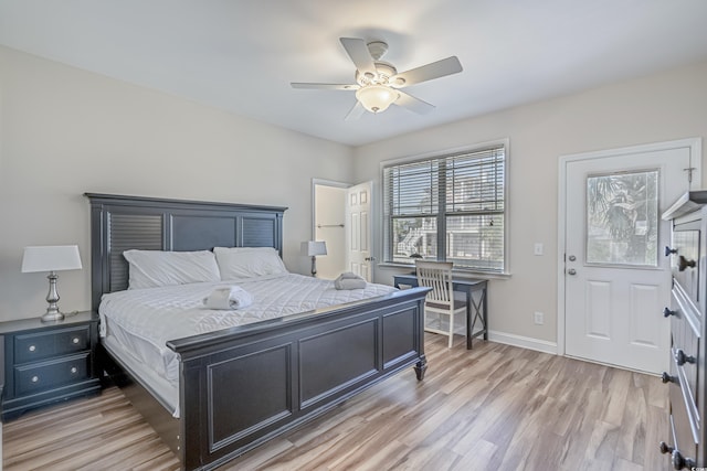 bedroom featuring ceiling fan and light hardwood / wood-style flooring