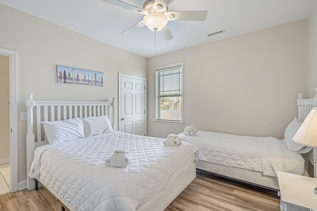 bedroom with ceiling fan and wood-type flooring