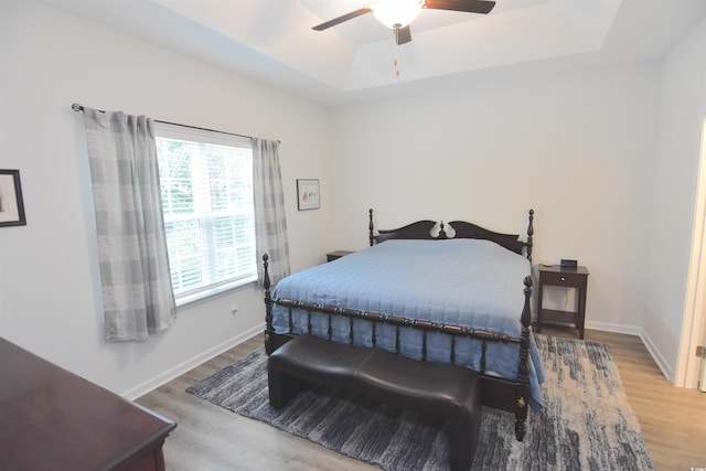 bedroom with light hardwood / wood-style floors, ceiling fan, and a tray ceiling