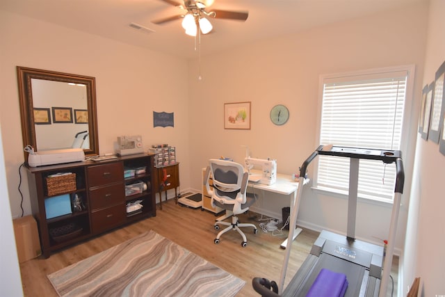 office space with light hardwood / wood-style floors and ceiling fan