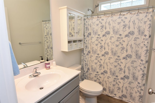 bathroom featuring toilet, vanity, hardwood / wood-style flooring, and walk in shower