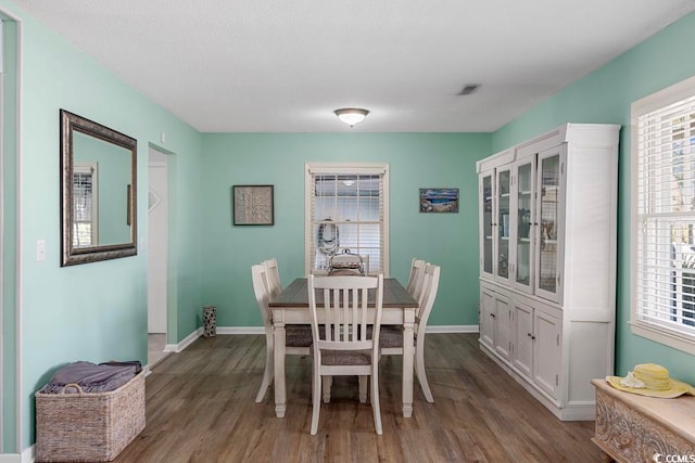 dining area with plenty of natural light, wood-type flooring, and a textured ceiling