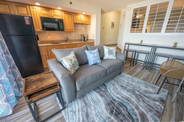 living room with light wood-type flooring and sink