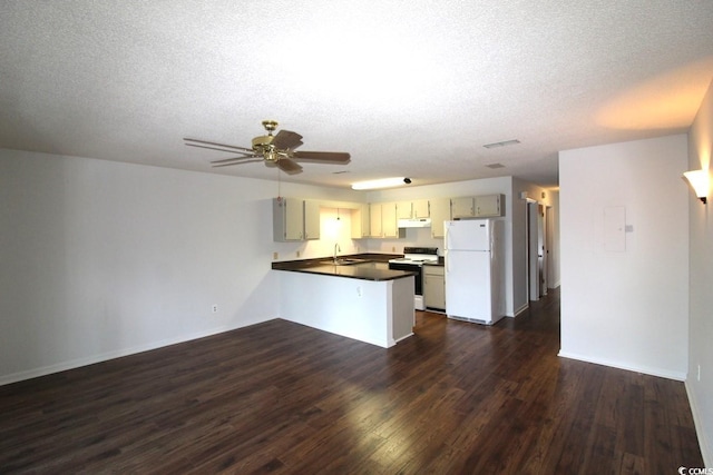 kitchen with white appliances, dark hardwood / wood-style floors, sink, and kitchen peninsula