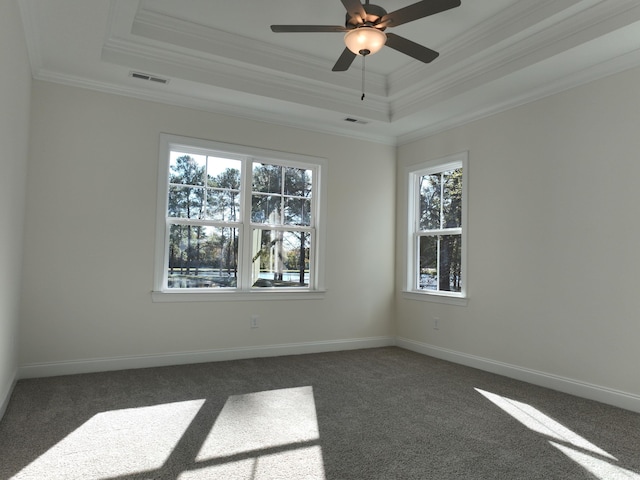 empty room with a tray ceiling, a wealth of natural light, crown molding, and ceiling fan