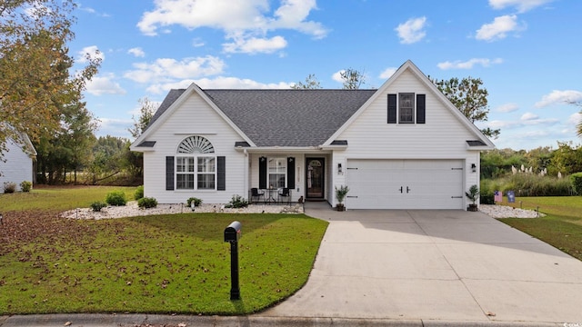 view of front facade featuring a garage, covered porch, and a front lawn