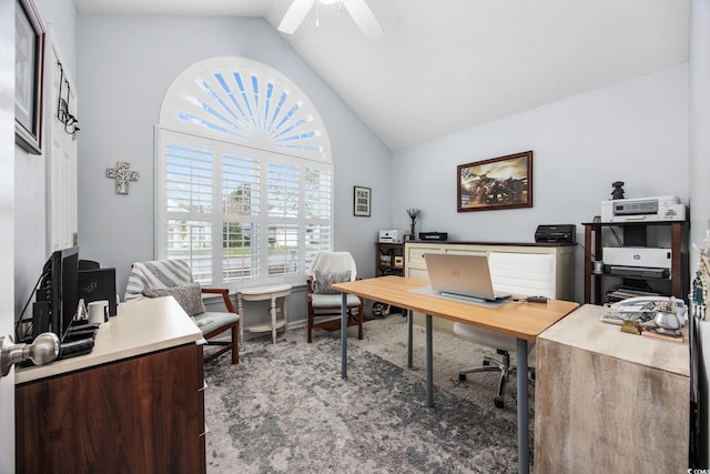 office featuring ceiling fan and high vaulted ceiling