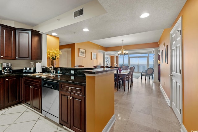 2709 Ocean Blvd S Unit 1202, Myrtle Beach, SC 29577 - kitchen with dishwasher, a sink, a chandelier, a peninsula, and light tile patterned flooring