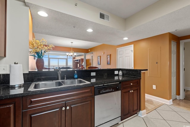 2709 Ocean Blvd S Unit 1202, Myrtle Beach, SC 29577 - kitchen with stainless steel dishwasher, a sink, a chandelier, dark countertops, and recessed lighting