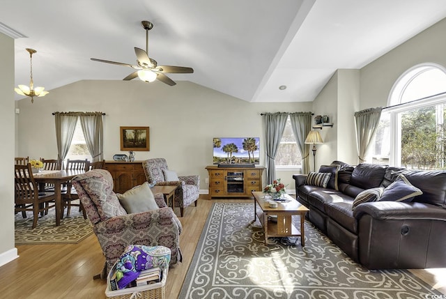 153 Garden Ave, Georgetown, SC 29440 - living room with a ceiling fan, light wood-type flooring, vaulted ceiling, and healthy amount of natural light