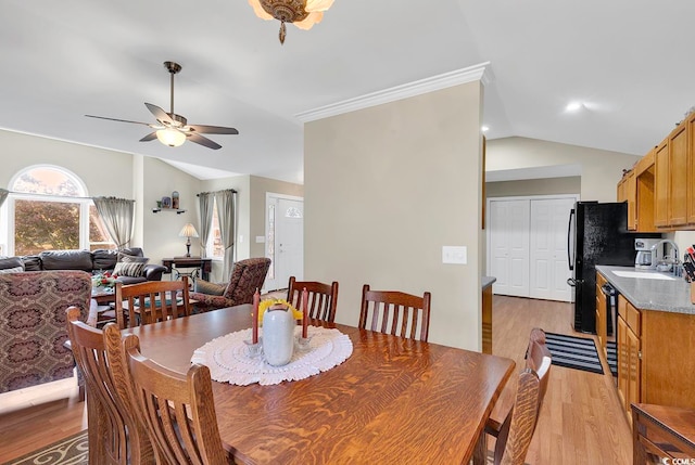 dining room with light hardwood / wood-style floors, sink, ornamental molding, ceiling fan, and vaulted ceiling