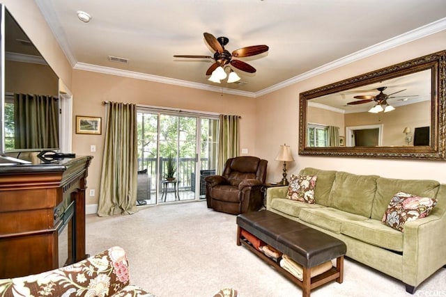 living room with light colored carpet, ceiling fan, and crown molding