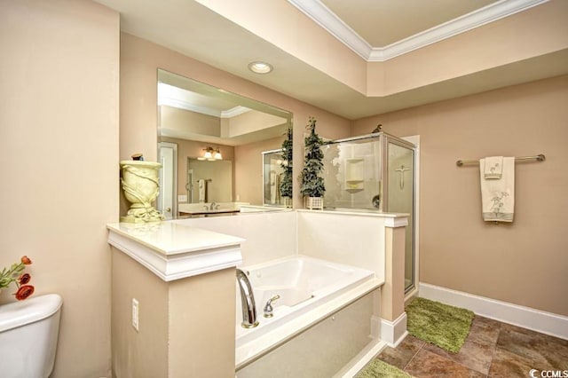 bathroom with toilet, shower with separate bathtub, and ornamental molding