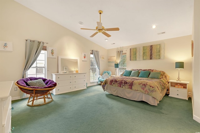 bedroom with ceiling fan, high vaulted ceiling, and carpet