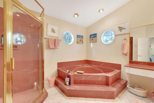 bathroom with tile patterned flooring and plus walk in shower