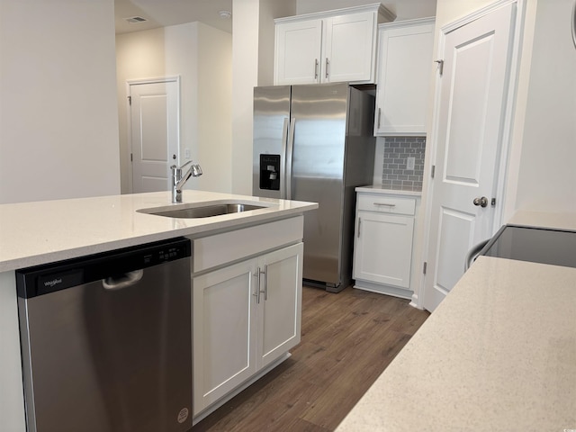 kitchen with sink, dark wood-type flooring, backsplash, white cabinets, and appliances with stainless steel finishes