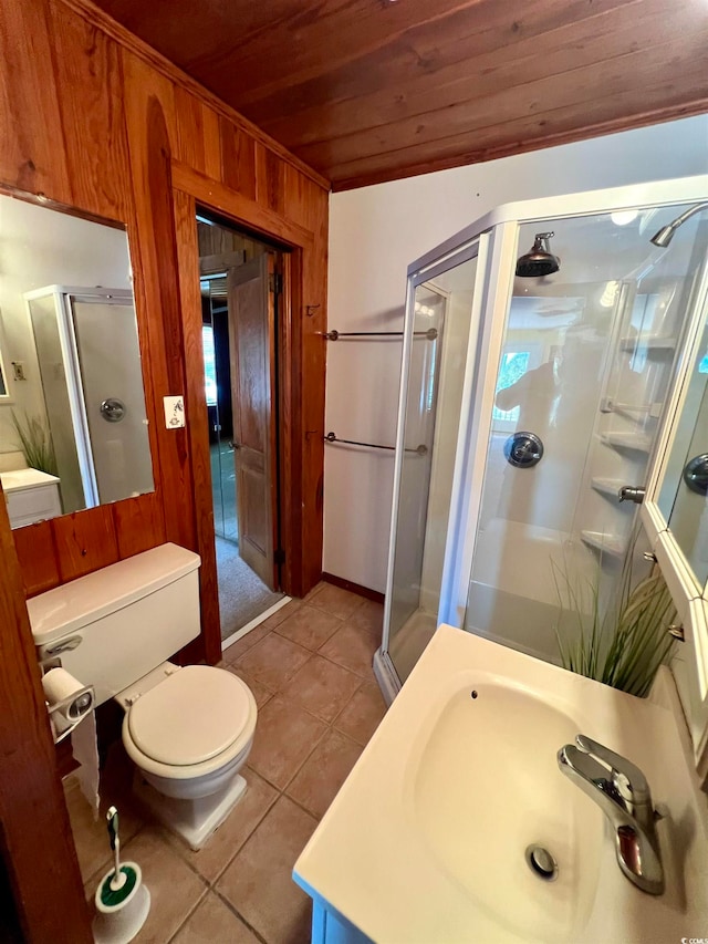 bathroom featuring a shower with door, wooden walls, tile patterned floors, and wooden ceiling