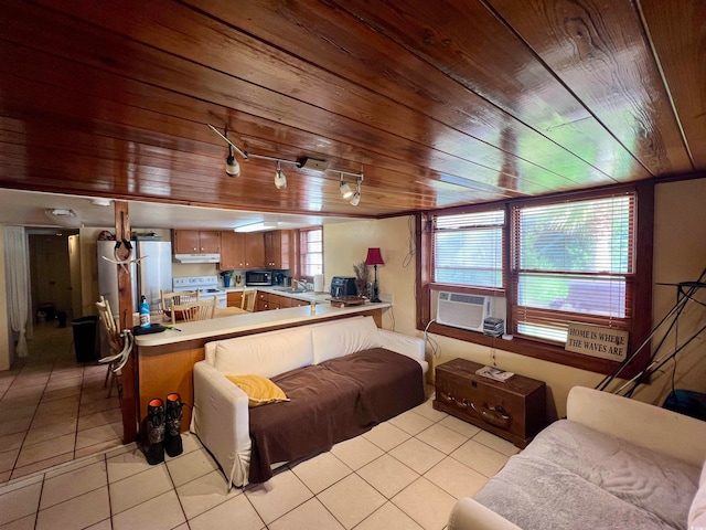 tiled living room featuring cooling unit, sink, and wood ceiling