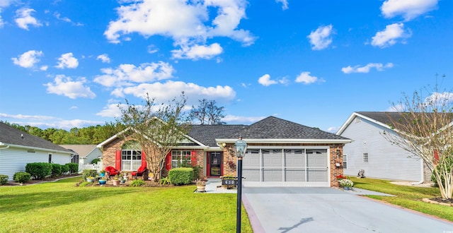 ranch-style home with brick siding, a garage, driveway, and a front yard