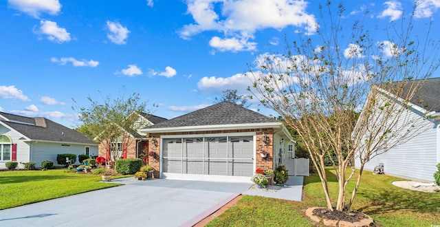 view of front facade featuring brick siding, concrete driveway, a garage, and a front lawn
