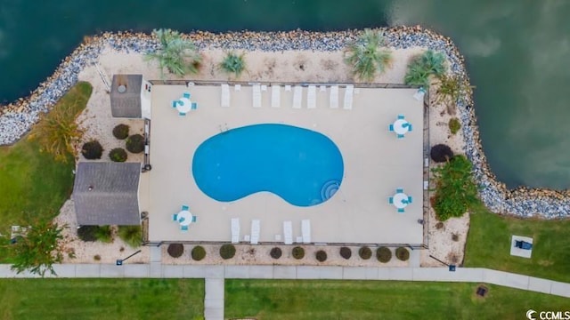 drone / aerial view featuring a water view