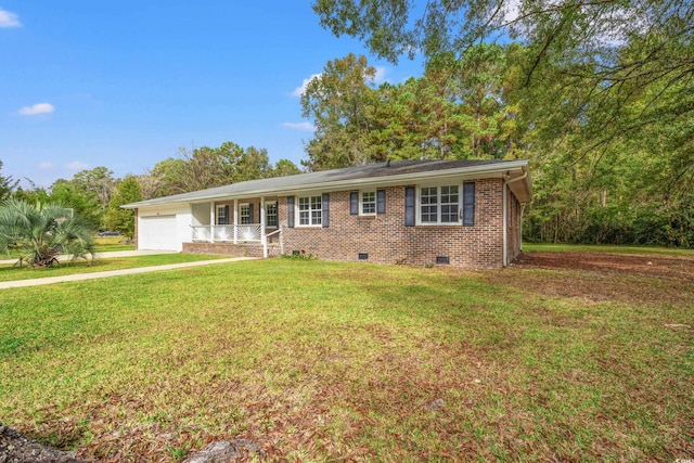 single story home with a porch, a garage, and a front lawn