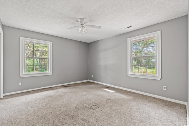 carpeted spare room with a textured ceiling, plenty of natural light, and ceiling fan