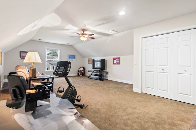 office featuring lofted ceiling, carpet flooring, and ceiling fan