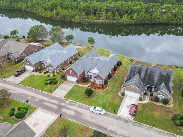 drone / aerial view featuring a water view