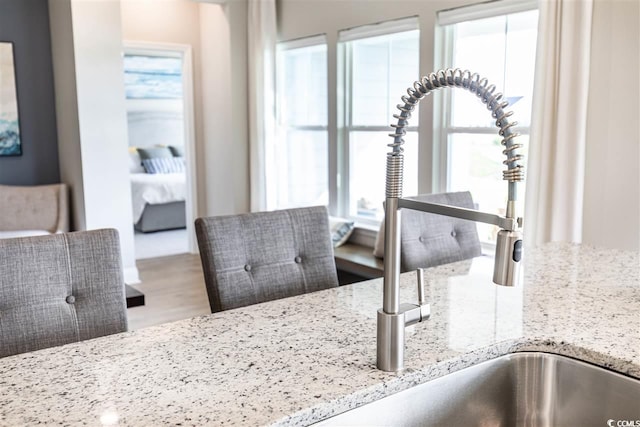 interior details with light stone countertops and sink