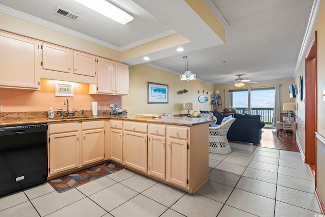 kitchen featuring ornamental molding, sink, dishwasher, kitchen peninsula, and ceiling fan